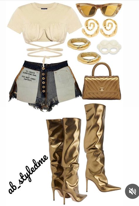 Gold Outfits For Black Women, Gold Baddie Outfits, Black And Gold Outfit Black Woman, White And Gold Outfits Black Women, Gold Boots Outfit Black Women, Gold Birthday Outfit Black Women, Gold Outfit Black Women, Heels Outfit Black Women, Gold Boots Outfit