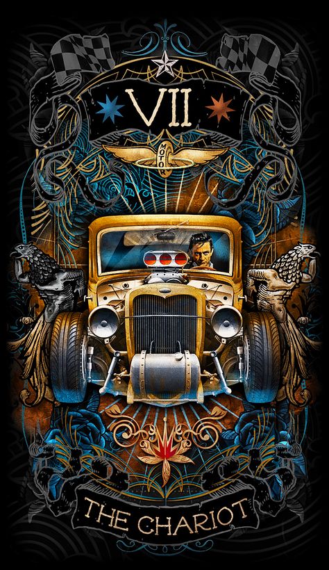 The Chariot-Major arcana card https://www.kickstarter.com/projects/1049685103/the-psychobilly-tarot #kickstarter #tarot Tarot By Cecelia, Мотоциклы Harley Davidson, Pinstripe Art, Major Arcana Cards, Tarot Major Arcana, Biker Art, Tarot Cards Art, Garage Art, Love Tarot