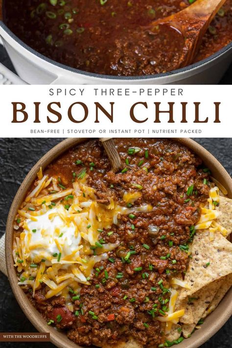 Wild Boar Chili, Ground Bison Soup Recipes, Chili With Steak And Ground Beef, Ground Bison Chili, Best Bison Chili Recipe, Ground Bison Recipes Healthy, Bison Meat Recipes, Bison Chili Recipe, Loaded Tots