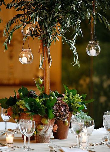 olive tree centerpiece w/hanging candles, love the symbolism #RHDreamWeddingSweepstakes Olive Tree Wedding, Tree Centerpiece, Italian Theme, Tree Centerpieces, Tuscan Wedding, Hanging Candles, Greek Wedding, Rustic Chic Wedding, Tree Wedding