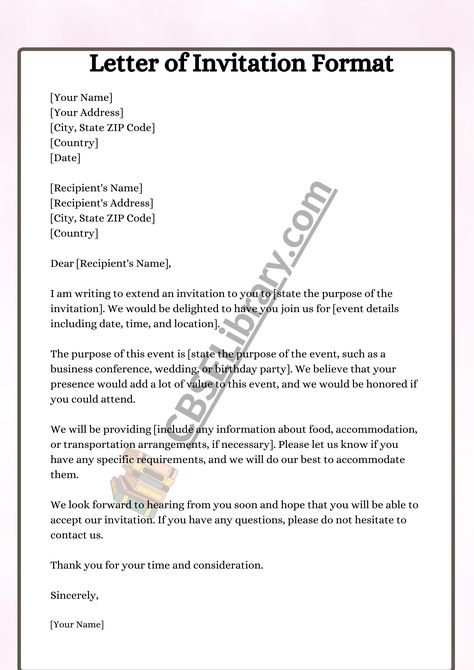 Invitation Letter | Format, Samples and How To Write An Invitation Letter? - CBSE Library Formal Letter Writing Topics, Formal Invitation Letter, Invitation Letter For Event, Sample Of Invitation Letter, Informal Letter Writing, Letter Writing Format, Reunion Activities, Informal Letter, English Letter Writing