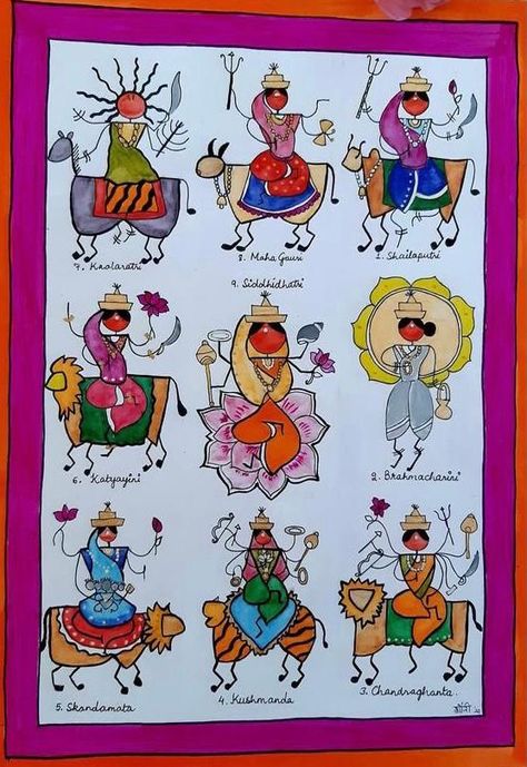 Navratri Mataji Drawing, Navratri Doodle Art, Devi Pics, Vishnu Dashavatar, Navratri Art, Navratri Drawing, Worli Painting, Warli Painting, Golden Retriever Art