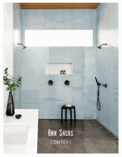 Ann Sacks Kelly Wearstler Page 4 Subway Tiles In Bathroom, Light Blue Subway Tile, Beach Style Bathroom, Blue Subway Tile, White Vessel Sink, Walk In Shower Designs, Ann Sacks, Eclectic Bathroom, Luxury Shower