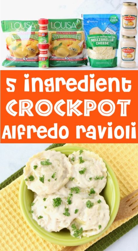 Alfredo Ravioli Recipe! {5 Ingredient Crockpot Dinner} - The Frugal Girls Alfredo Ravioli Recipe, Crock Pot Alfredo, Crockpot Alfredo, Alfredo Ravioli, Cheese Ravioli Recipe, Slow Cooker Ravioli, Crockpot Ravioli, Fall Crockpot Recipes, Spinach Ravioli