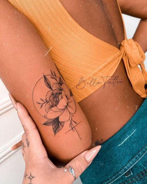 Geometric Feminine Tattoo, Tattoo On Arm For Women Half Sleeves, Women’s Quarter Sleeve Tattoo Ideas, Womens Small Tattoo Ideas, Womens Tattoo Ideas Unique, Tattoo Back Of Arm Above Elbow, Back Arm Tattoos For Women, Back Of Upper Arm Tattoo Women, Woman Empowerment Tattoos