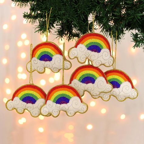 Beaded Rainbow Ornaments from India (Set of 6) - Rainbow Delight | NOVICA Happy Crafts, Beaded Rainbow, Rainbow Ornaments, Zardozi Embroidery, Buy Bead, Beaded Ornaments, Metallic Thread, Artisan Craft, Storage Bag