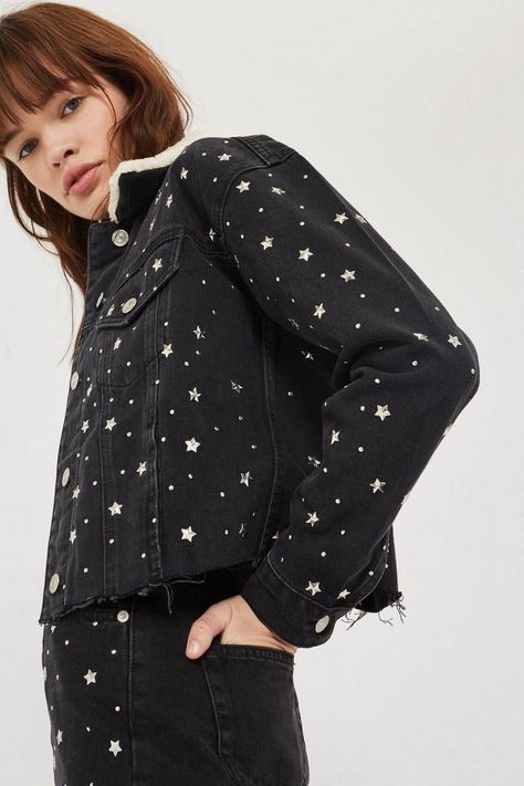 Topshop Jacket, Upcycle Clothes Diy, Borg Jacket, Studded Denim, Print Denim, Cute Fit, Topshop Outfit, Printed Denim, Star Studs