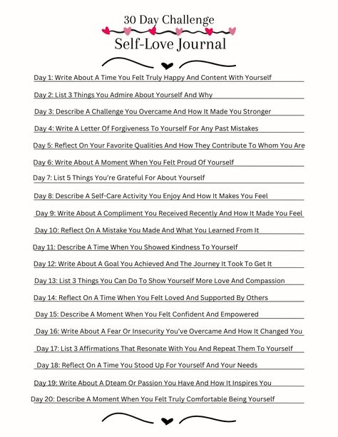 Self-Love Prompts 30 Day Challenge Day 1-Day 20 30 Day Journal Prompts For Self Love, 30 Day Writing Challenge Self Love, Journal Prompts Challenges 30 Day, 30 Day Writing Challenge Self Discovery, Mindfullness 30 Day Challenge, Love Journal, Writing Challenge, 30 Day Challenge, 30 Day