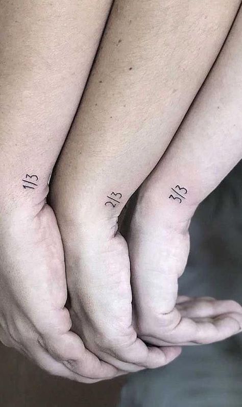 Friends Tattoo For 3, Gender Neutral Family Tattoos, 6 Siblings Tattoo, Coordinating Best Friend Tattoos, Sibling Tattoos 4 Siblings Meaningful, 3 People Tattoo Ideas Matching, Fraction Tattoo, Best Friend Tattoos 3 People, Small Friendship Tattoos For 3