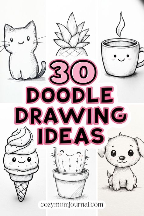 30 cute doodle drawing ideas featuring a cat, plant, mug, ice cream, flower pot, and dog. Planner Drawings Ideas, Cute Sketch Ideas Easy, Pencil Doodles Easy, Disney Doodles Simple, Art Inspiration Drawing Easy, Easy Drawings For Teens, Cool Drawings Easy Step By Step, Quick Doodles Easy, Easy Things To Draw For Beginners