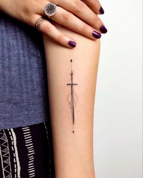 Three Of Swords Tattoo Dainty, Minimalist Magic Tattoo, Acosf Tattoos, Dagger Tattoo Women, Ataraxia Tattoo, Inner Bicep Tattoo, Minimal Tattoo Design, My Tattoos, Clever Tattoos