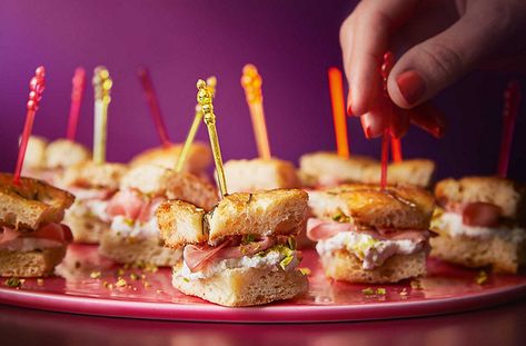 Mini Mortadella, Pistachio & Ricotta Sandwiches Recipe | Waitrose & Partners Christmas Nibbles, Italian Olives, Pistachios Nuts, Cocktail Sticks, Mince Pies, Party Menu, Ricotta Cheese, Sandwich Recipes, Event Catering