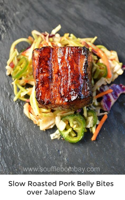 Slow Roasted Pork Belly, Jalapeno Slaw, Asian Pork Belly, Pork Belly Bites, Pork Belly Recipes Crispy, Roasted Pork Belly, Pork Belly Tacos, Farm Cooking, Braised Pork Belly