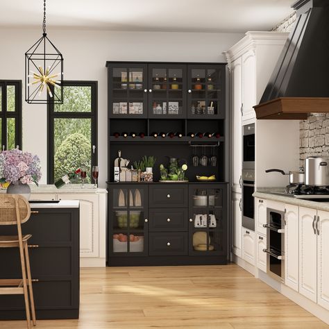 Storage Cabinet Dining Room, Freestanding Kitchen Storage, Modern Kitchen Pantry, Cabinet Glass Doors, Pantry Furniture, Kitchen Pantry Cabinet, Office Break Room, Wine Glass Storage, Buffet Hutch