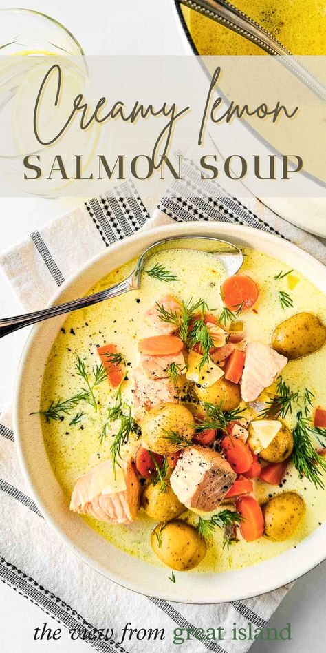 Creamy salmon soup with lemon is a light bright Scandinavian fish soup that makes the best healthy winter dinner ~ just add a hunk of your favorite bread! Creamy Lemon Salmon, Soup With Lemon, Salmon Soup, Scandinavian Recipes, Creamy Salmon, Nordic Recipe, The View From Great Island, Lemon Salmon, Fish Soup