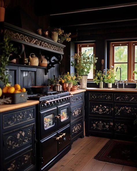 Small Goth Kitchen, Dark Cabin, Backsplash Kitchen Ideas, Goth Kitchen, Witchy Kitchen, Gothic Kitchen, Backsplash Kitchen Dark Cabinets, Grey Kitchen Floor, Kitchen Ideas Dark Cabinets Espresso