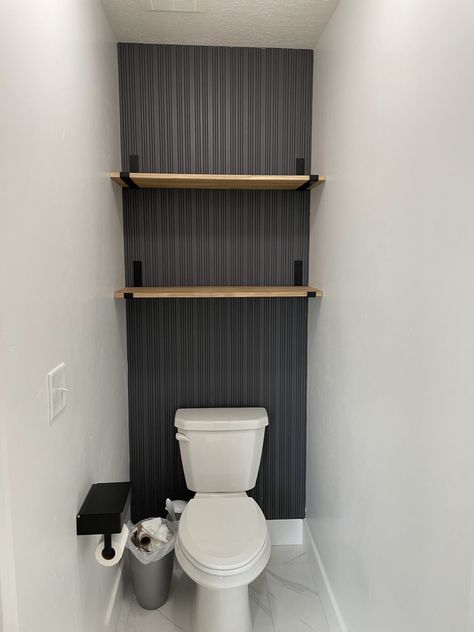 Storage In Water Closet, Closet Half Bathroom Ideas, Water Closet Ideas Master Bath, Toilet Shower Room Small, Behind The Toilet Wall Ideas, Water Closet Ideas Modern, Black Water Closet, Toilet Closet Storage, Toilet Closet Makeover