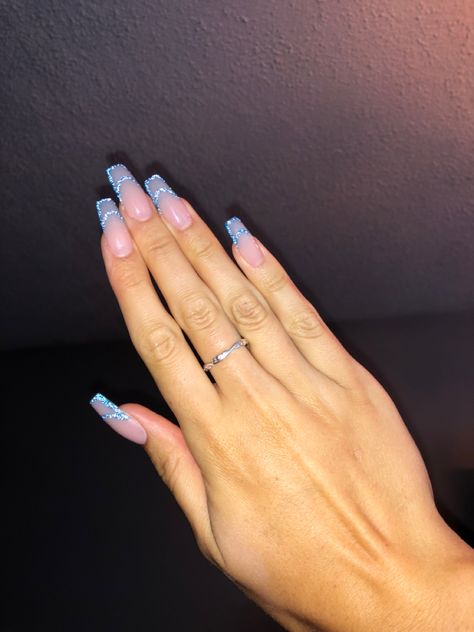 Light Blue Prom Nail Ideas, Glittery Light Blue Nails, Glittery Blue French Tip Nails, Blue Sparkle French Tip Nails, Blue Glitter French Tip Nails, Sky Blue French Tip 1.5, Light Blue Glitter Nails, Glittery Blue Nails, Glittery French Tip Nails