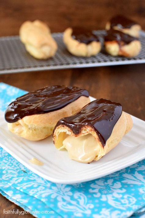 Making Gluten Free Eclairs is much easier than you think! Mmm... think of all the flavor combinations you could make! Butter Pastry, Gluten Free Pastry, Gluten Free Cheesecake, Gluten Free Donuts, Wheat Free Recipes, Gluten Free Sweet, Gluten Free Desserts Recipes, Gluten Free Sweets, Pastry Cream