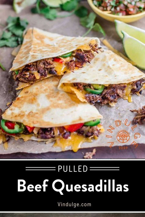 Smoked pulled beef combined with cheddar cheese and cooked on a plancha or grill pan until crispy. Top these incredible pulled beef quesadillas your favorite ingredients like guacamole and sour cream. Pulled Beef Quesadillas, Leftover Pulled Beef, Smoked Pulled Beef, Pulled Beef Tacos, Leftover Beef Recipes, Quesadilla Recipes Beef, Mexican Inspiration, Beef Quesadillas, Beef Wraps