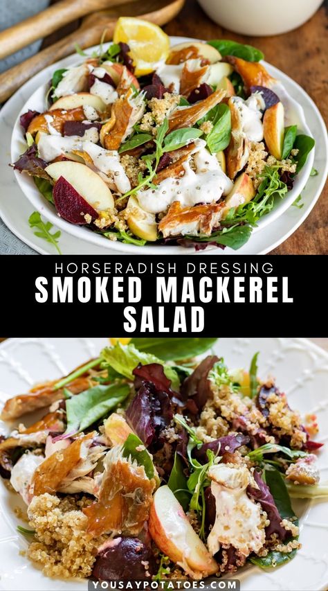 Plates of smoked mackerel salad with quinoa, beets, apples and horseradish dressing. Mackerel Salad Recipe, Smoked Mackerel Recipe, Mackerel Fish Recipes, Van Meals, Smoked Mackerel Salad, Aip Lifestyle, Horseradish Dressing, Mackerel Salad, Graham Flour