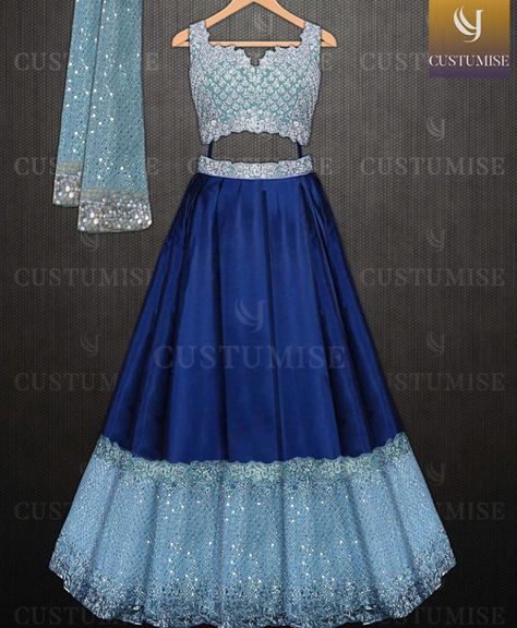 Sky Blue Lehenga Combination, Exclusive Saree Blouse Designs, Baby Lehenga, Indian Dress Up, Sleeveless Blouse Designs, Trendy Party Outfits, Embellished Crop Top, Latest Bridal Lehenga, Half Sarees