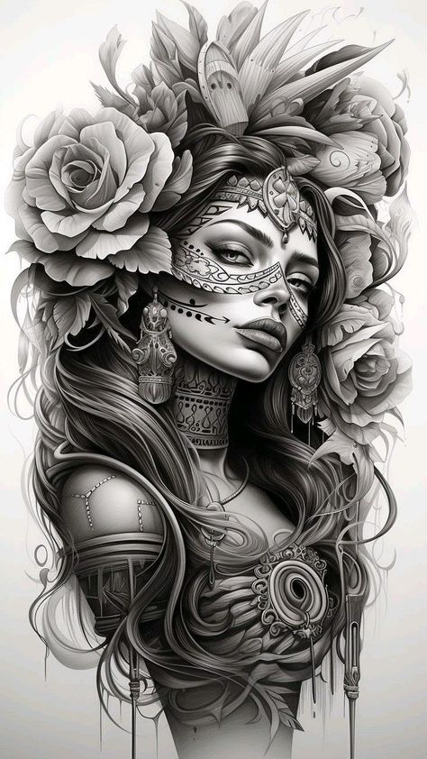 Faces Tattoo Design, Women Leg Sleeve Tattoo, Expressions Art, Aztec Warrior Tattoo, Rosen Tattoo Frau, Art In Bloom, Female Warrior Tattoo, Nice Wallpapers, Aztec Artwork