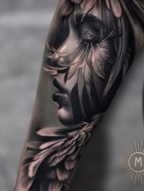 Trippy Realism Tattoo, Black And Grey Realism Tattoo Sleeve Women, Ulna Tattoo, Female Warrior Tattoo Sleeve, Black And Grey Realism Tattoo Design, Dark Sleeve Tattoos For Women, Realism Tattoo Sleeve Women, Flower Leg Sleeve Tattoo, Realism Portrait Tattoo