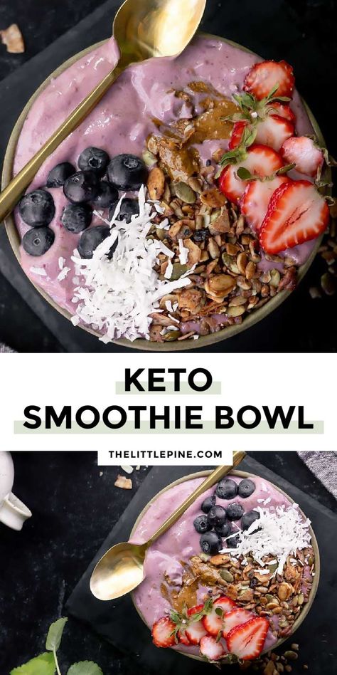 *NEW* Berries, silky smooth texture, delectably sweet flavor, and tasty toppings make this keto smoothie bowl strawberry a joy to get out of bed! #ketosmoothiebowl #lowcarbsmoothiebowl #lowcarbbreakfast #ketobreakfast #lowcarbbreakfasts #ketobreakfasts #lowcarbbreakfastideas #ketobreakfastideas Vegan Keto Smoothie, Keto Acai Bowl Recipe, Smoothie King Bowl, Keto Smoothie Bowl Recipes, Keto Drinks And Smoothies Recipes, Keto Acai Bowl, Low Carb Smoothie Bowl, Keto Smoothie Bowl, Keto Bowls