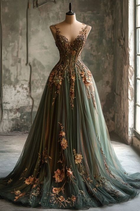 Brown Ball Gown Dress, Black And Green Wedding Dress, Forest Green Wedding Dress, Magical Dresses Fairytale, Fairytale Dress Aesthetic, Steampunk Bride, Asgardian Dress, Witchy Dresses, Princess Dress Fairytale