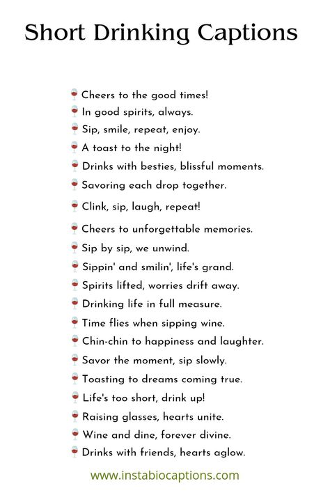 Raise your glasses and share the laughter with these short and fun drinking captions with friends! Cheers to unforgettable moments, good company, and great memories. 🍻 #DrinksWithFriends #Cheers #SipSipHooray Cheers Birthday Quotes, Captions For Drinks Instagram, Cheers Toast Quotes, Cheers Quotes Instagram, Shots Captions Instagram, Summer Drinks Quotes, Fun Night With Friends Caption, Mocktails Captions Instagram, Great Day Captions