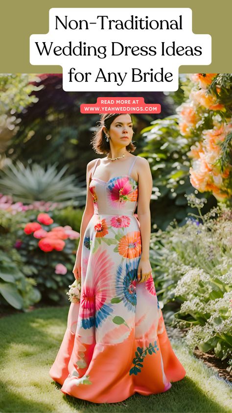 A bride wearing a colorful, non-traditional wedding dress, standing in a garden. Alternative Wedding Dress Color Offbeat Bride, Unconventional Wedding Dress Color, Alternative Wedding Dress Color, Wedding Dresses With Color, Non Traditional Wedding Dresses, Alternative Wedding Gown, Unusual Outfits, Color Wedding Dress, Different Wedding Dresses