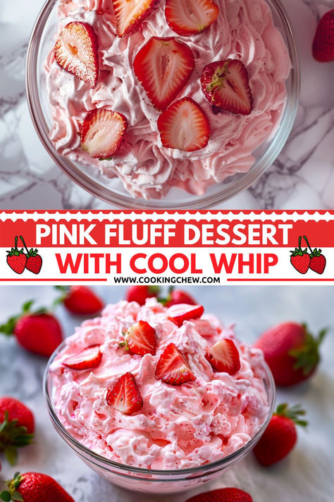 A close-up photo of a glass bowl filled with Pink Fluff dessert. The fluffy pink mixture is layered with fresh strawberries, marshmallows, and whipped cream. Heavenly Pink Salad, Fruit Dessert Salad, Strawberry Watergate Salad, Easy Whip Cream Desserts, Pink Stuff Recipe, Strawberry And Cool Whip Dessert, Pink Fluff Dessert, Rhubarb Fluff Salad, Jello Fruit Salad Recipes Cool Whip