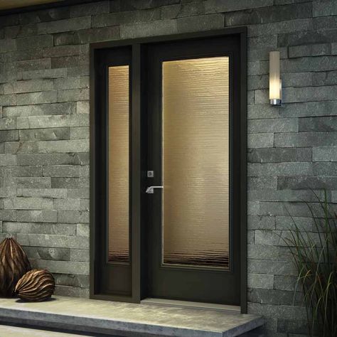 Exterior Door Glass – Modern Collection Full Glass Black Front Door, Modern Genkan, Genkan Ideas, Full Glass Front Door, House Amenities, Glass Entry Doors, Modern Home Entrance, Brick House Exterior Makeover, Exterior Doors With Sidelights