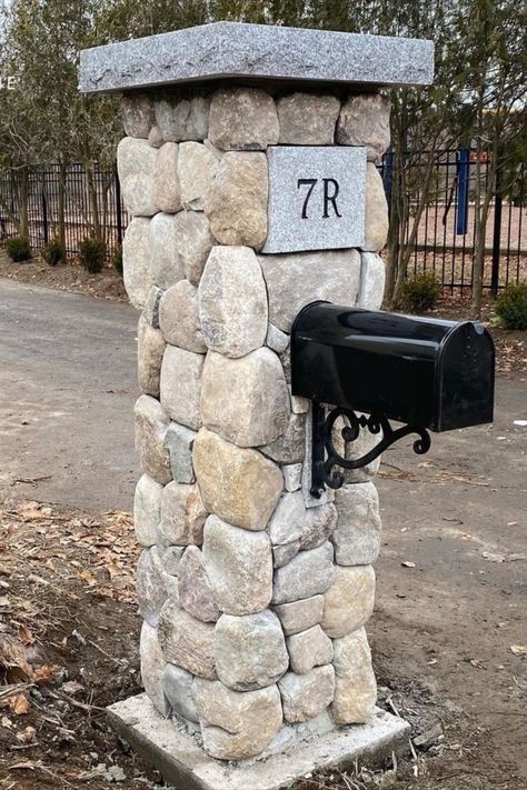 Mailbox post made with natural stone rounds Stone Mailbox Post, Stone Mailbox Ideas, Stone Mailbox, Custom Mailbox, Mailbox Landscaping, Rock Designs, Mailbox Posts, Custom Mailboxes, Mailbox Post