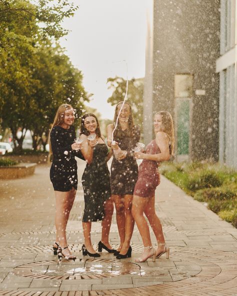 As the sun dipped below the city skyline, laughter and champagne filled the air as four girlfriends celebrated Valentine's at their school ball. 🥂💕 Against the backdrop of the urban glow, their friendship sparkled, each photo capturing the essence of youthful joy and camaraderie. An evening painted with pops of champagne and bursts of laughter, etched forever in the golden hues of sunset. 🌆📸 #ValentinesBall #CitySunsetMagic #FriendshipCelebration #formalphotoshoot 4 Girlfriends Photoshoot, Girlfriends Photoshoot, Fun Photoshoot, Sunset City, Champagne Toast, Senior Pics, The Urban, City Skyline, Senior Pictures