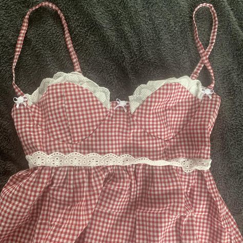 Gingham lace trim dress🍓🧺 Free shipping Babydoll... - Depop Dark Vintage, Lace Trim Dress, Trim Dress, Y2k Streetwear, Dress With Bow, Summer Dress, Dream Closet, Gingham, Lace Trim