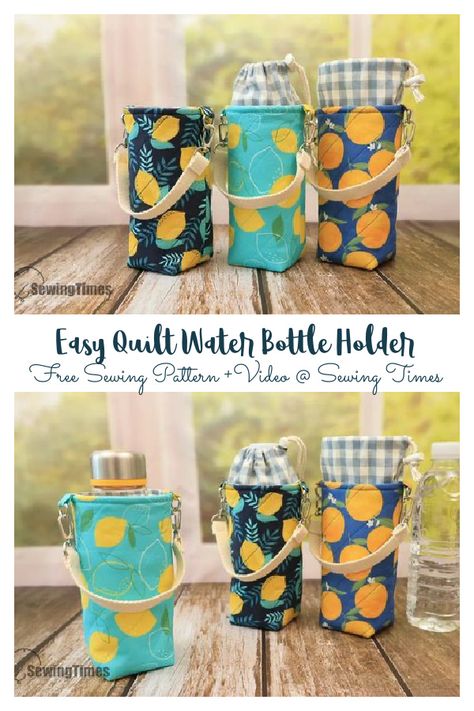 Easy Quilt Water Bottle Holder Free Sewing Pattern+Video Koozie Pattern, Easy Sewing Patterns Free, Fabric Art Diy, Sewing Tutorials Bags, Bottle Koozies, Bottle Cozies, Fabric Sewing Patterns, Easy Quilt, Free Sewing Pattern