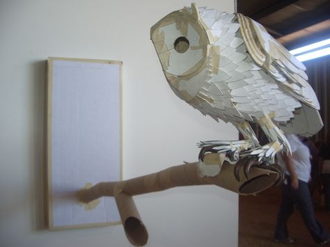 cardboard owl Cardboard Owl Craft, Cardboard Owl, Cardboard Art Sculpture, Harry Potter Cursed Child, Hedwig Owl, Paper Mache Animals, Origami And Quilling, Class Theme, Owl Crafts