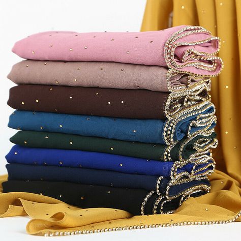 New Hijab, Chiffon Hijab, Head Wrap Scarf, Hijab Scarf, Stil Elegant, Rhinestone Trim, Chiffon Scarf, Long Scarf, Shawls And Wraps