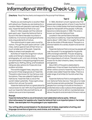 Use this resource to assess your students’ writing skills in responding to an informational writing prompt. Your third graders will read two texts about Yosemite National Park and then will write an informative essay on why this park is an important place in the United States.#educationdotcom Informational Writing Graphic Organizer, Focus Walls, Writing Rubrics, Third Grade Worksheets, Sensory Words, Opinion Writing Prompts, Opinion Essay, Writing Organization, Exit Slips