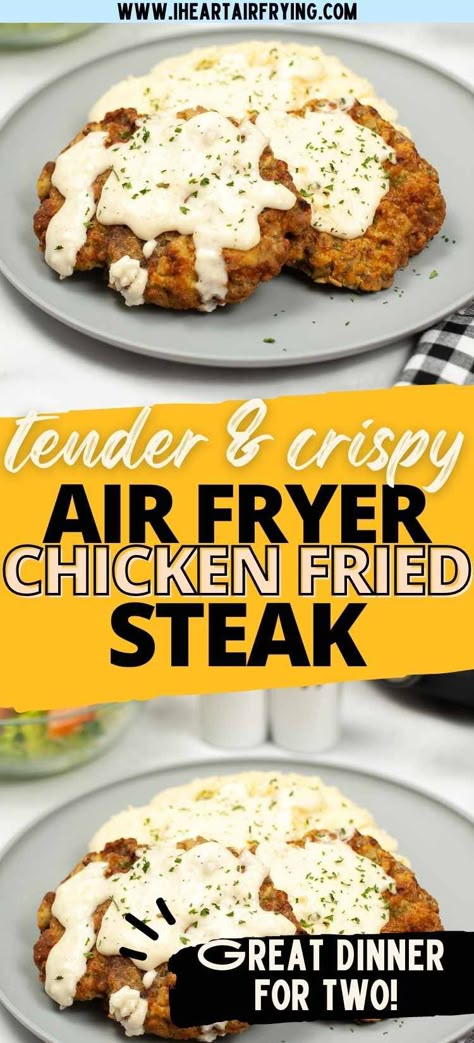 This easy Air Fried Chicken Fried Steak recipe is ready in about 45 minutes. The cubed steaks come out perfectly tender & crispy in the air fryer. Serve with our homemade cream gravy for a simple, hearty dinner. Air Fryer Chicken Fried Steak, Chicken Fried Steak Easy, Fried Cube Steaks, Beef Cube Steak Recipes, Chicken Fried Steak Recipe, Fried Steak Recipes, Air Fryer Steak, Cube Steak Recipes, Country Fried Steak