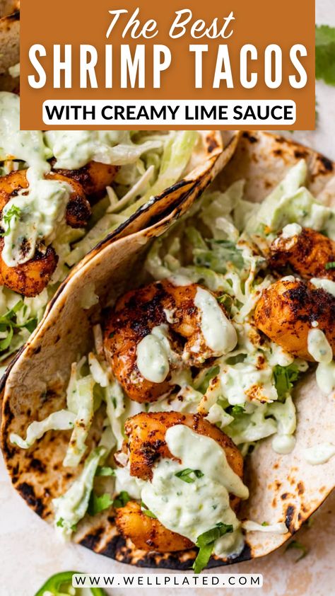 The BEST shrimp tacos recipe with a creamy cilantro lime sauce. Juicy, spicy, and so quick and easy! Cook on the stove or grill. Best Shrimp Tacos Recipe, Best Shrimp Tacos, Best Shrimp Taco Recipe, Shrimp Taco Sauce, Shrimp Tacos Recipe, Seafood Dinners, Tacos Recipes, Shrimp Taco Recipes, Cilantro Lime Shrimp