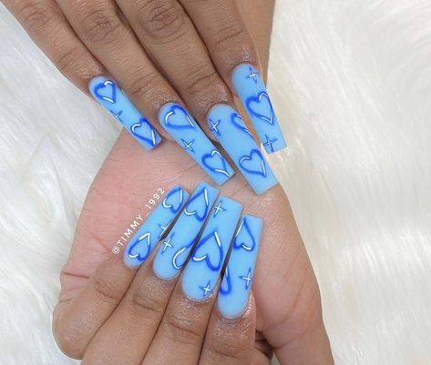 Baby Blue Coffin Nails, Blue Heart Nails, Nails Baby Blue, Nails With Hearts, Blue Coffin Nails, Blue Hearts, Heart Nails, Cute Acrylic Nails, Blue Heart