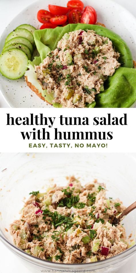 Tuna Salad No Onion, Tuna Salad Healthy No Mayo, Tuna And Hummus, Hummus And Tuna, Hummus Tuna Salad, Herb Tuna Salad Recipe, Tuna Hummus Wrap, Tuna With Salad, Clean Tuna Salad Recipe