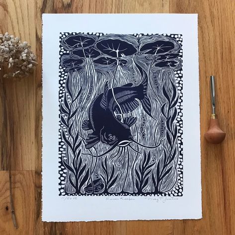 Linocut Print River Keeperunderwater River Life Lino Print | Etsy Canada Underwater River, Blue Catfish, Art Zine, Linocut Printmaking, River Life, Cabin Art, Tennessee River, Relief Printing, Aquatic Life