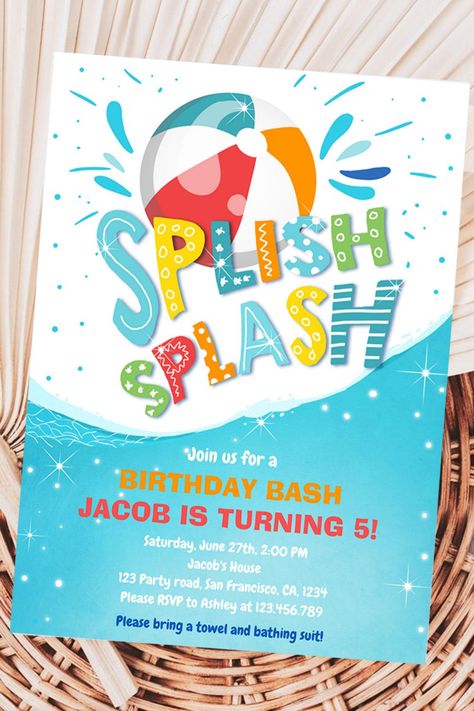 Splish Splash Birthday Bash Boy Pool Party Invitation Water Party Invitations, Splish Splash Birthday Bash, Boy Pool Party, Summer Birthday Party Ideas, Boys Pool Party Invitations, Summer Birthday Party Invitations, Unique Birthday Ideas, Summer Birthday Invitations, Splash Party