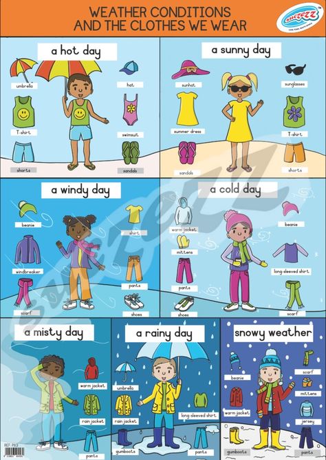 Weather And Clothes Worksheet, Rainy Day Clothes, Clothes Esl, Weather Kindergarten, Clothes Worksheet, Fashion Sale Poster, Rainy Day Games, Weather Activities For Kids, Weather Worksheets