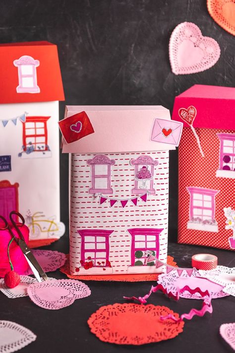 Make an easy Valentine's Box by turning a cardboard box or shoe box into a house with the addition of these adorable stickers. Diy Valentine's Box, Dino Valentines, Diy Valentines Box, House Stickers, Valentine Boxes, Valentine Mailbox, Pink Wrapping Paper, Box House, Paper Streamers