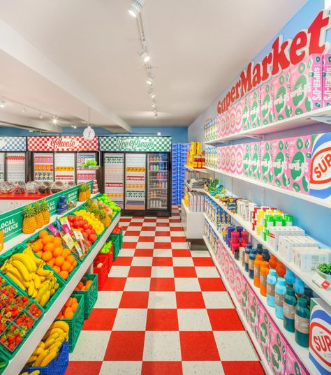 Grocery Store Design, Checkerboard Floor, Supermarket Design, Pop Up Store, Cafe Design, Shipping Container, Retail Design, Visual Merchandising, Exhibition Design